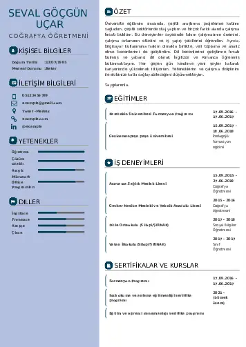 Coğrafya Öğretmeni CV Örnekleri cv indir